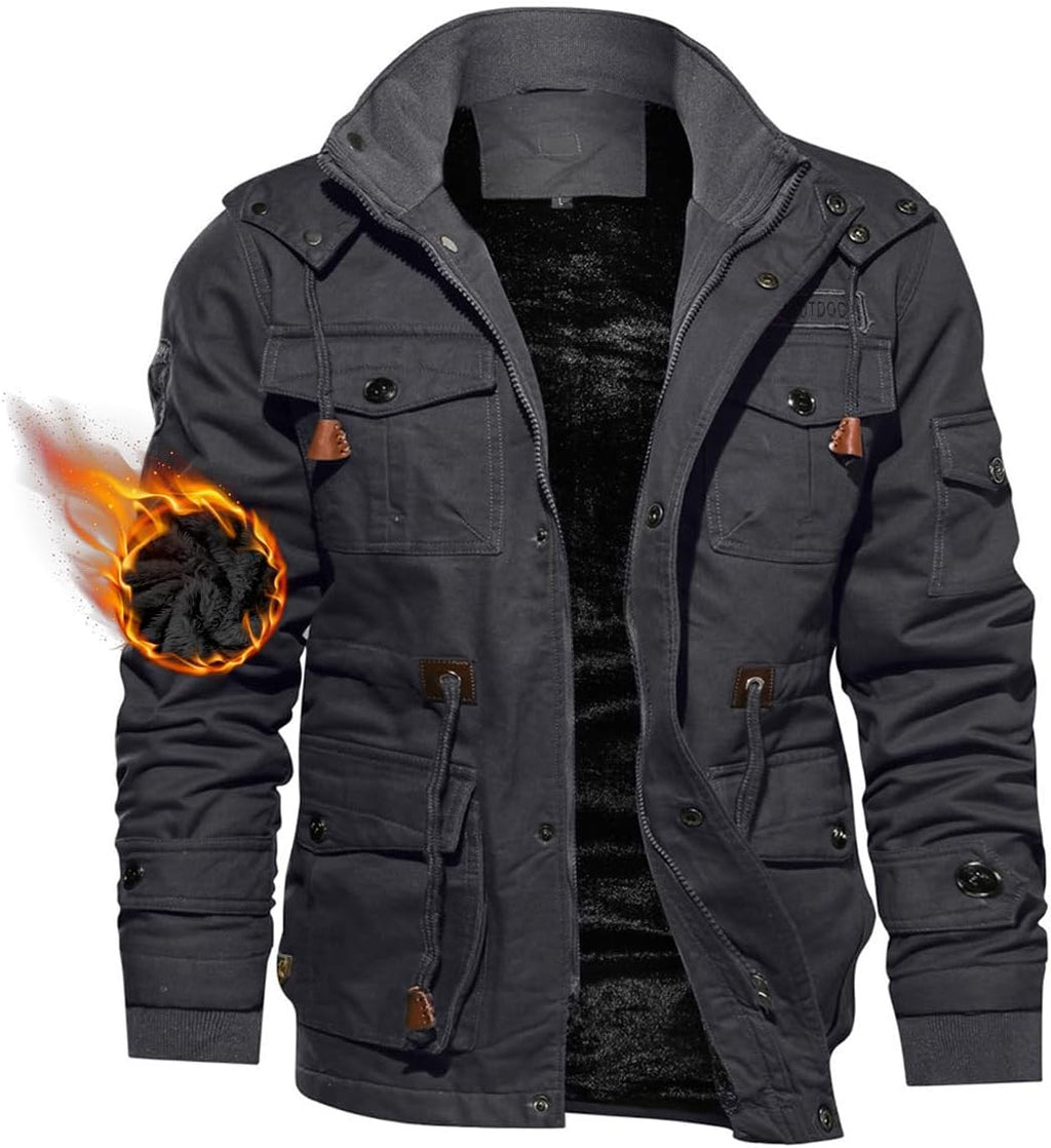 7DAY'S Men's Winter Jacket Cotton Military Jackets Fleece Lined Thick Work Warm Cargo Coats with Hooded