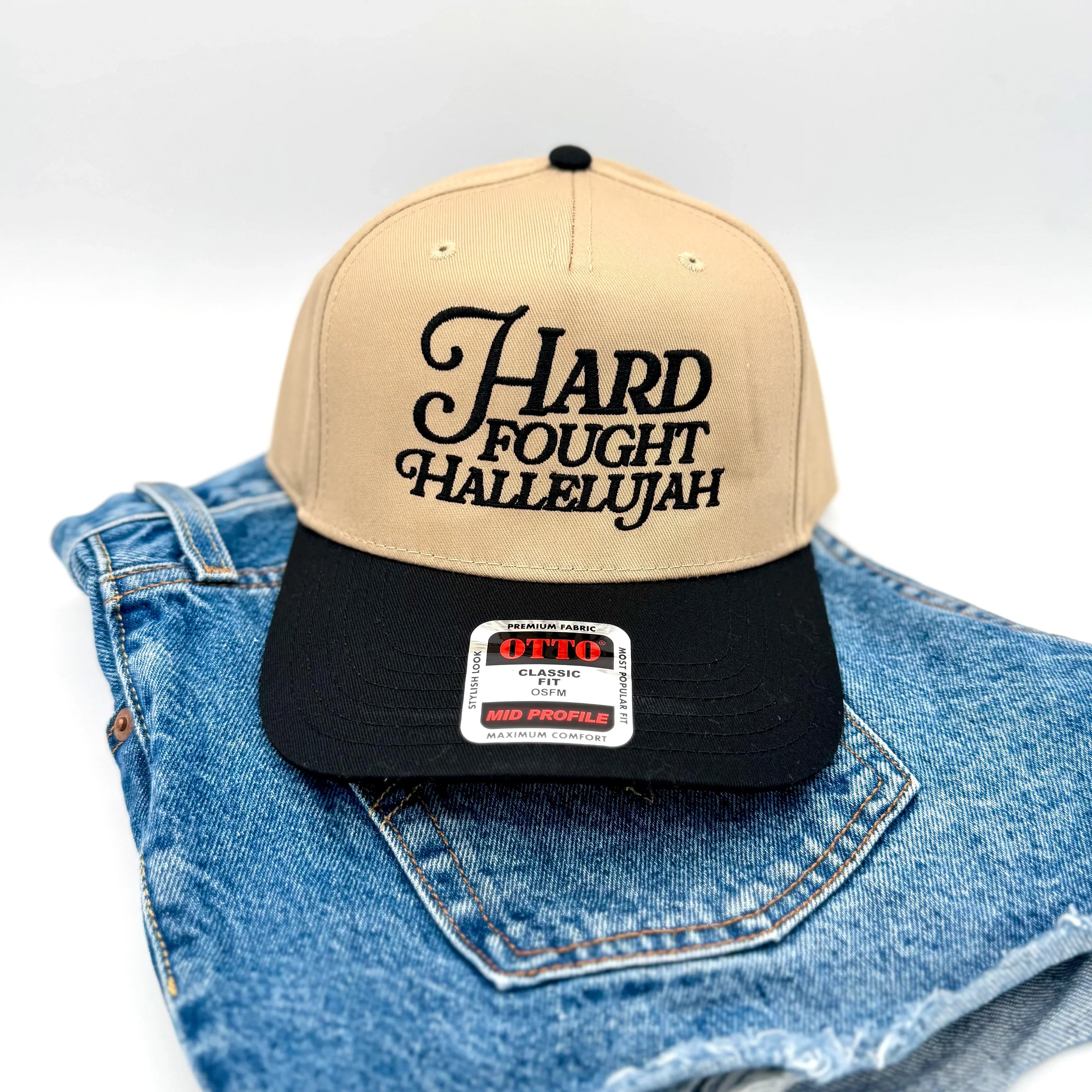 Hard Fought Hallelujah Embroidered Hat | Two Tone Trucker Hat | Faith Hat | Christian Gift | Puff Embroidery | Retro Baseball Cap