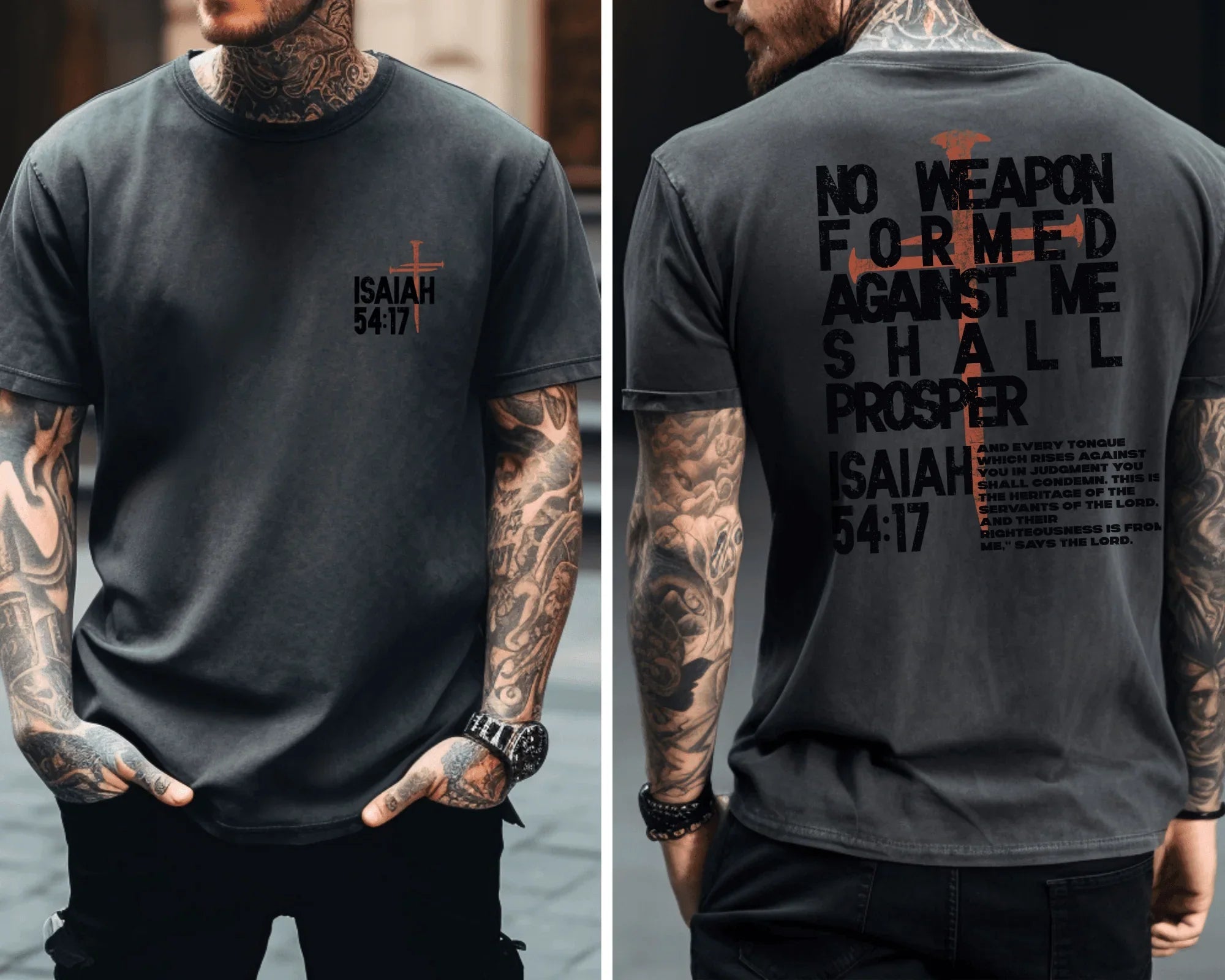 Isaiah 54:17 Men’s Christian T-Shirt | No Weapon Formed Shall Prosper Shirt | Bible Verse Tee for Him | Gildan Softstyle | Scripture Faith Shirt | Unisex Fit